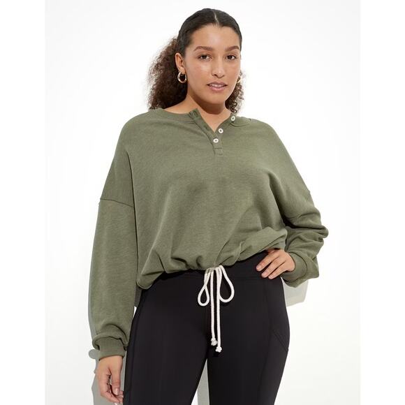 NWT American Eagle Ivory Cinched Drawstring Henley Oversized Sweatshirt SZ M - Picture 2 of 10